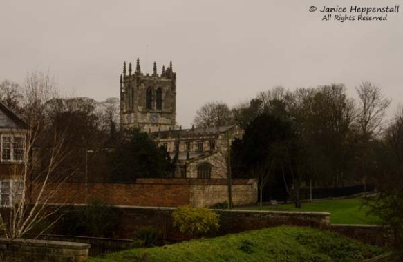 View of St Mary's church, Tadcaster, as seen from Tadcaster Bridge.
