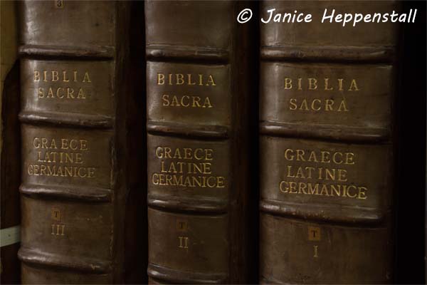 Ancient leather-bound Bible in 3 volumes, in Ancient Greek, Latin and German