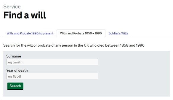 Screen grab from UK government's Find a Will website search page