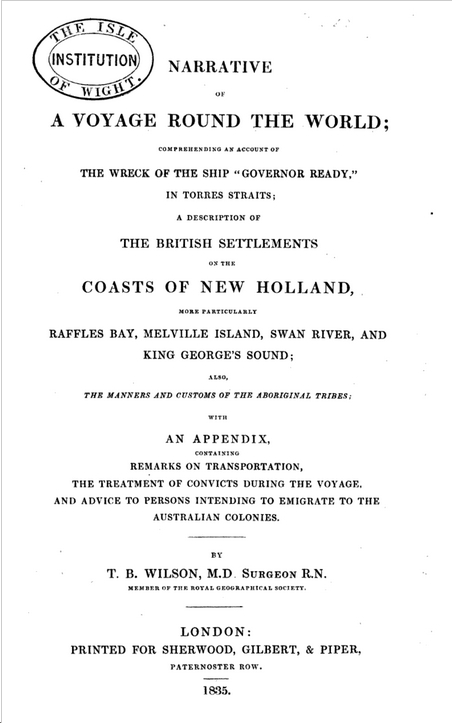 Title page of facsimile copy of TB Wilson's A Voyage Round the World, published 1835.