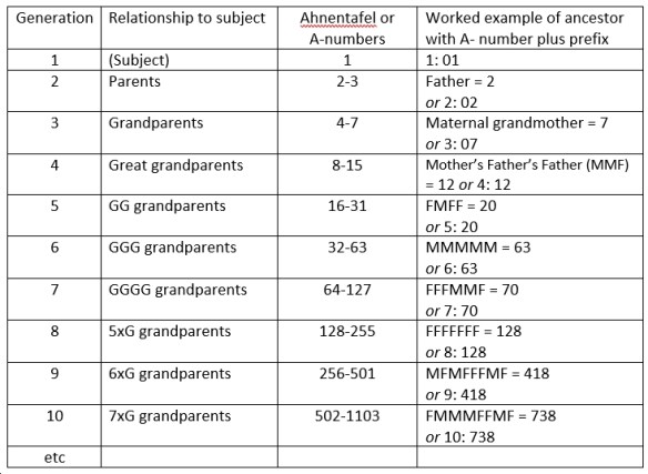 Table showing organisation of generations by Ahnentafel numbers