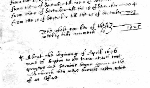 Extract from Leeds parish burial register for March 1645/46, indicating lists of numbers buried buring the plague.
