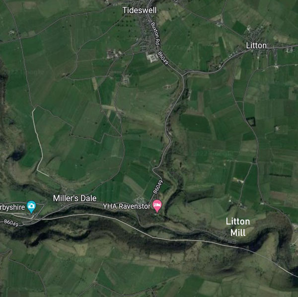 Map showing location of Litton Mill alongside the river Wye and in relation to Tideswell and Litton, Derbyshire