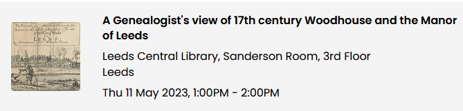 Publicity screenshot for a talk to be given at Leeds Central Library on 11 May 2023