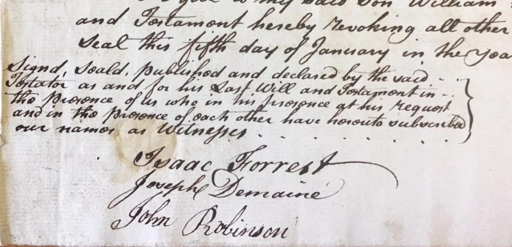 Part of a hand written Will which was written in 1781. This section shows the signatures of the witnesses.