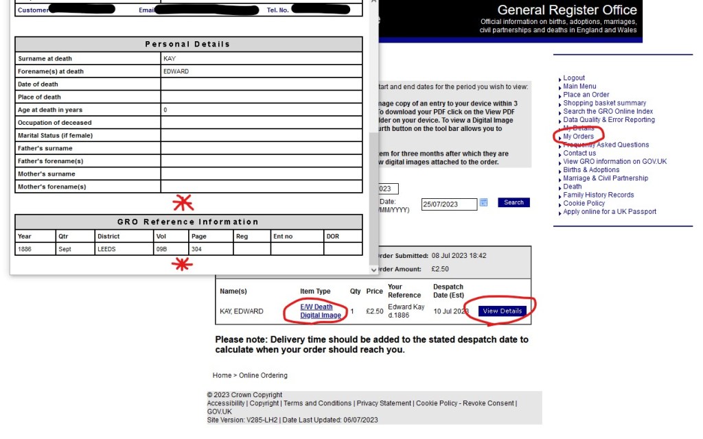 Screen shot of GRO digital download collection plage. Three links are indicates. These are 'My Orders', 'E/W Death Digital Image', 'View Details' and the GRO Reference Information which is found by scrolling to the bottom of the 'View Details' pop-ip.