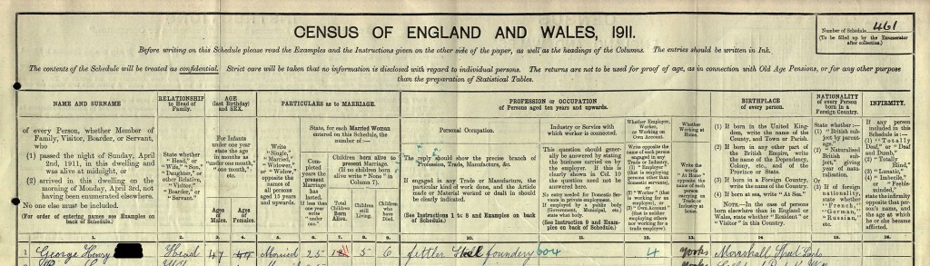 An entry on the 1911 Census of England and Wales.  The birthplace of the person is recorded as Marshall Street Leeds.