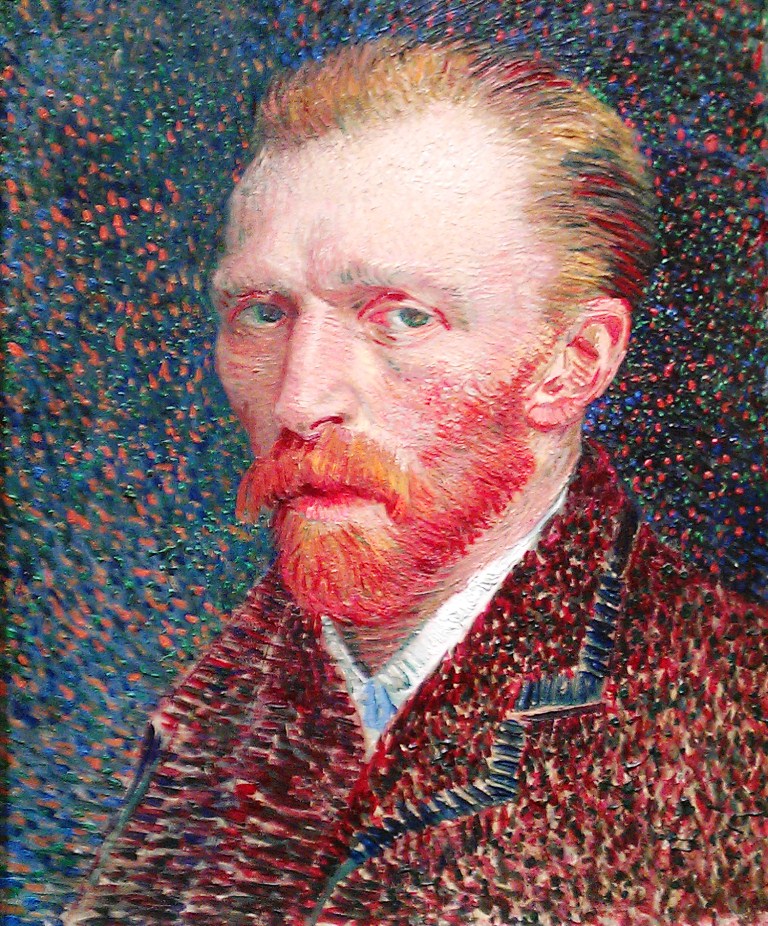 Self portrait by Vincent Van Gogh painted 1887.  Everything but the face is painted using large dots of colour.  The face looks worn-out and world-weary.