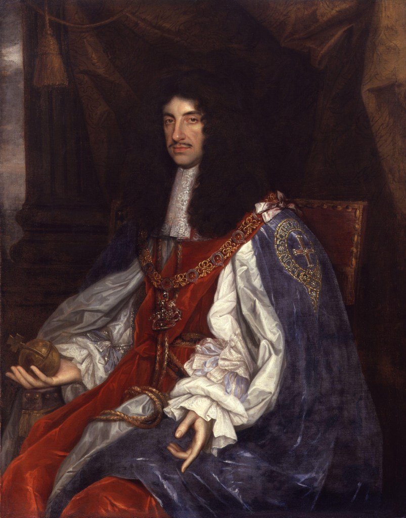 Portrait of King Charles II by John Michael Wright. The King is seated and holds the Sovereign's Orb. He is dressed in fine robes of red, white and blue with jewels.