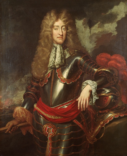 Portrait of King James II of England and VII of Scotland.  The King is standing and wearing armour on his upper body, along with a gold sash.  His left arm rests on a scarlet-feather trimmed helmet.  He is wearing the long curled wig of the period.