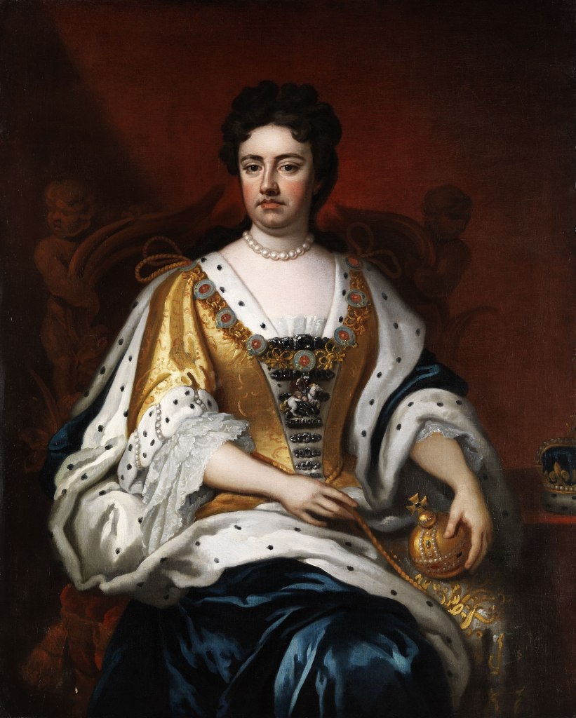 Portrait of Queen Anne by unknown artist of the seventeenth century. The Queen is seated and is wearing a fine robe of gold and cobalt blue with fur trimming. She is holding the Sovereign's Orb.