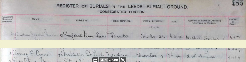 Extract from a burial register dated 1926. The original image has been edited to remove several entries, leaving only the top one, plus the headings for each of the columns, and the record of Annie E Cass who was buried on 17th December 1926.