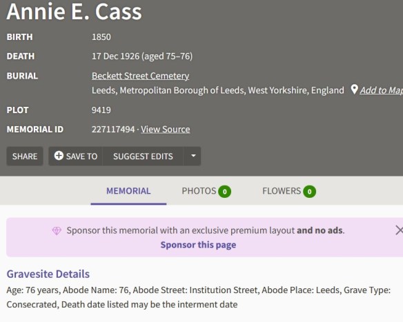 Screenshot from FindAGrave showing information about the burial place of Anne E Cass, including the location of the plot and a transcript of information from the original burial register.