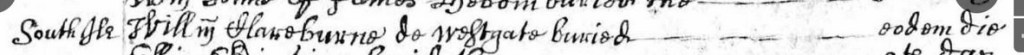 Extract from burial register, 1663.  The extract is in seventeenth century handwriting and reads 'South Ile Will[ia]m Clareburne de Westgate buried eodem die' 